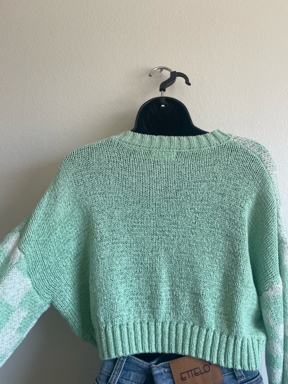 Altar’d State Cropped Sweater Womens Medium Green White Checkered Knit Pullover - Picture 6 of 9